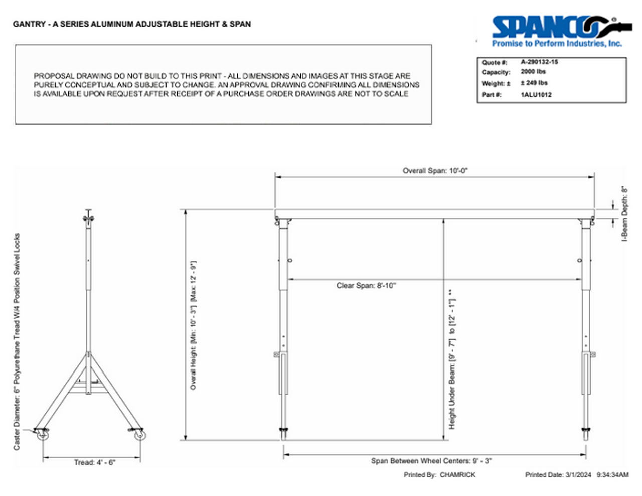 1ALU1012 GANTRY CRANE - 1 TON, 10' SPAN, A SERIES ALUMINUM ADJUSTABLE HEIGHT Min: 10' - 3'' Max: 12' - 9'' SPANCO