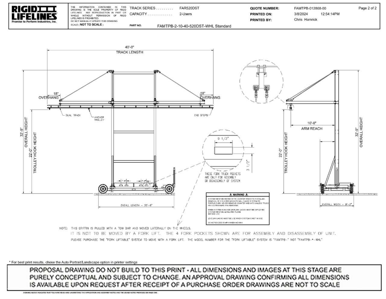 Standard Griffin Wheeled System 2-Person, Track Length: 40'-0" Including 18" Overhangs on Both Ends, Trolley-Hook Height: 22'-0", Arm Reach: 10'-0, Centerline of Track: 6'-9" FAMTPB-2-10-40-520DST-WHL Rigid Lifelines