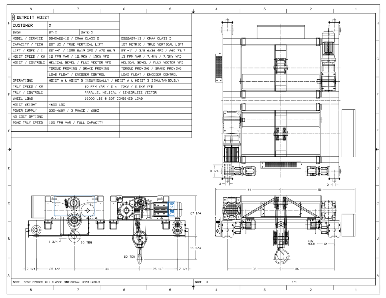 Top Running Double Girder Main / Auxiliary, Capacity: 20.00 Ton / 11.00 Ton, Hoist Lift Speed: 12.00 FPM Max / 13.00 FPM Max, Trolley Speed: 80.00 FPM Max, Trolley Gauge: 72.0000", DB40A22-12-DB22A29-13, Detroit