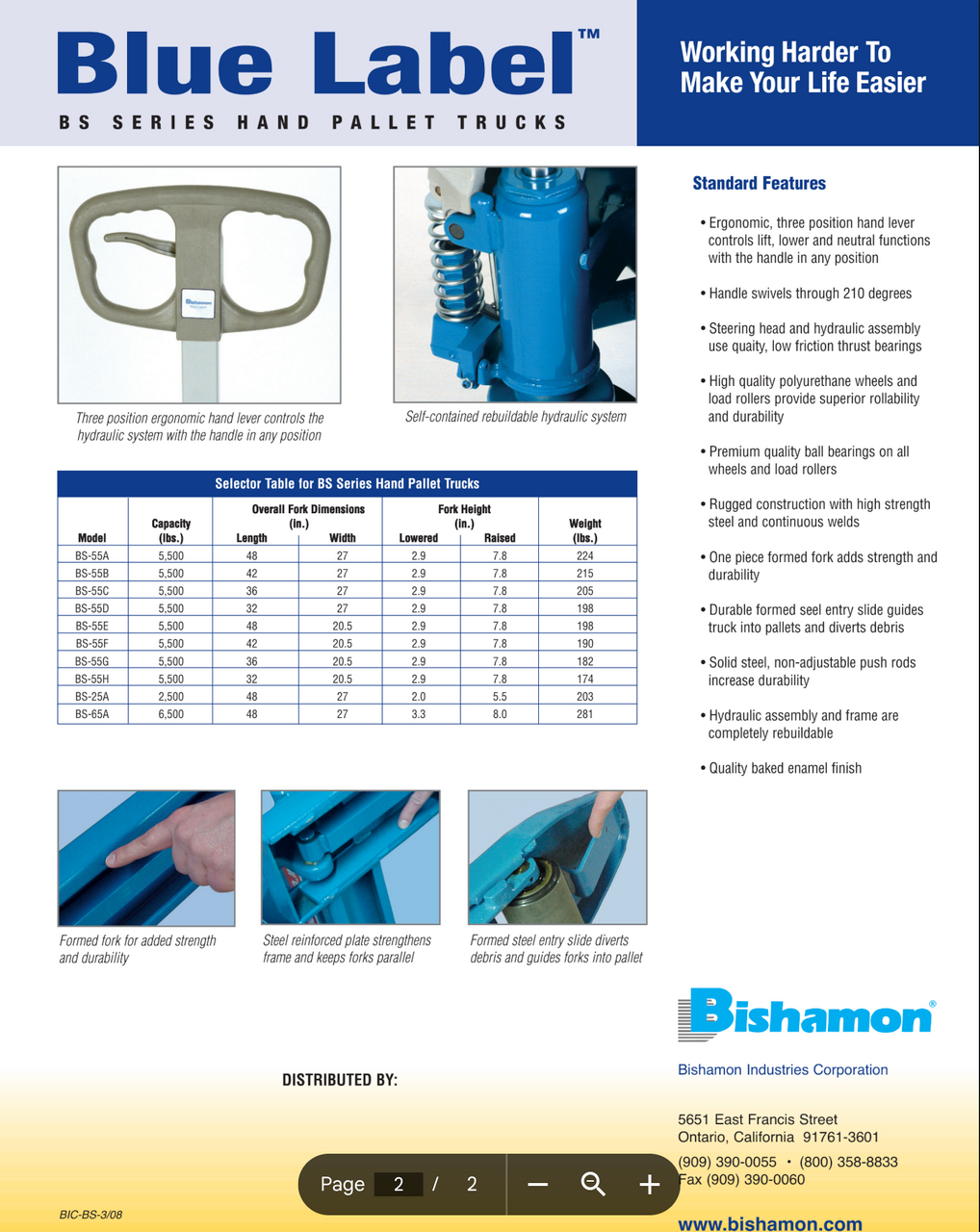 Bishamon  Blue Label Manual Pallet Jack, 5500 lb. Capacity, 27"W x 36"L Forks