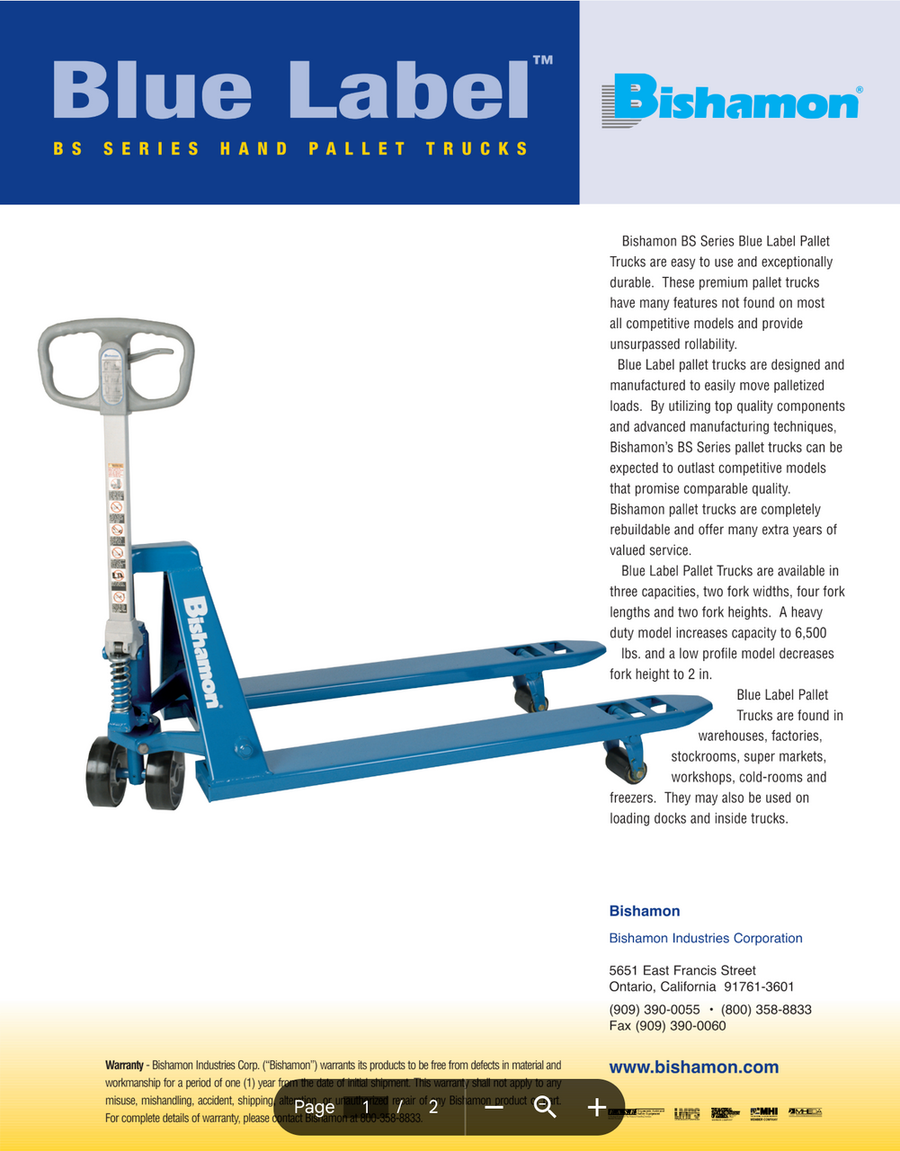 Bishamon  Blue Label Manual Narrow Fork Pallet Jack, 5500 lb. Capacity, 21"W x 42"L Forks