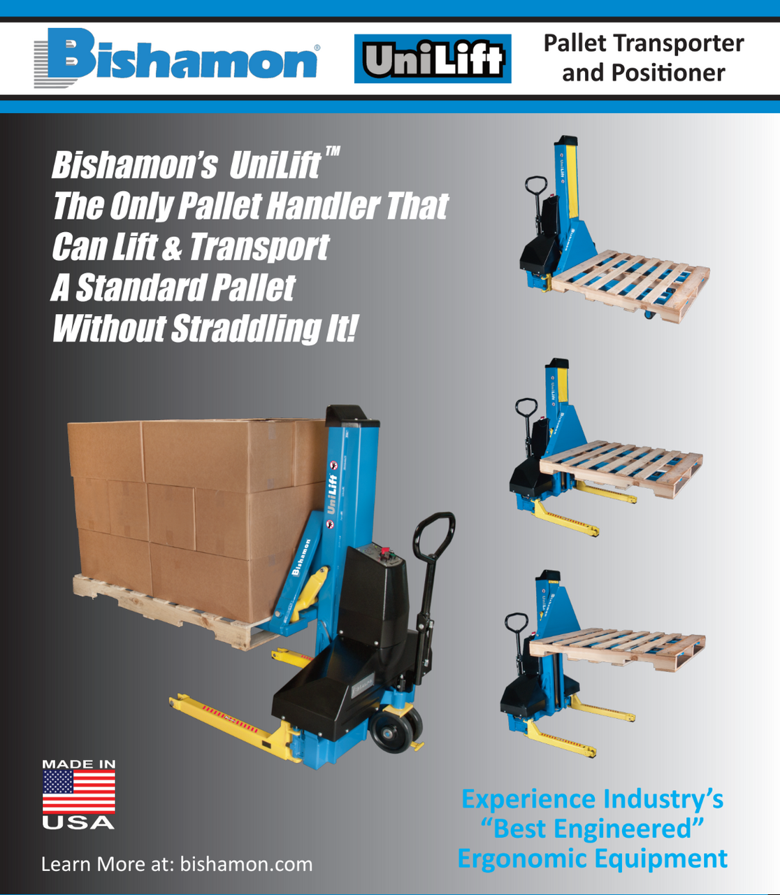 Bishamon UniLift Battery Powered Pallet Transporter & Positioner, 2000 lb. Cap., 36"W x 46"L Forks