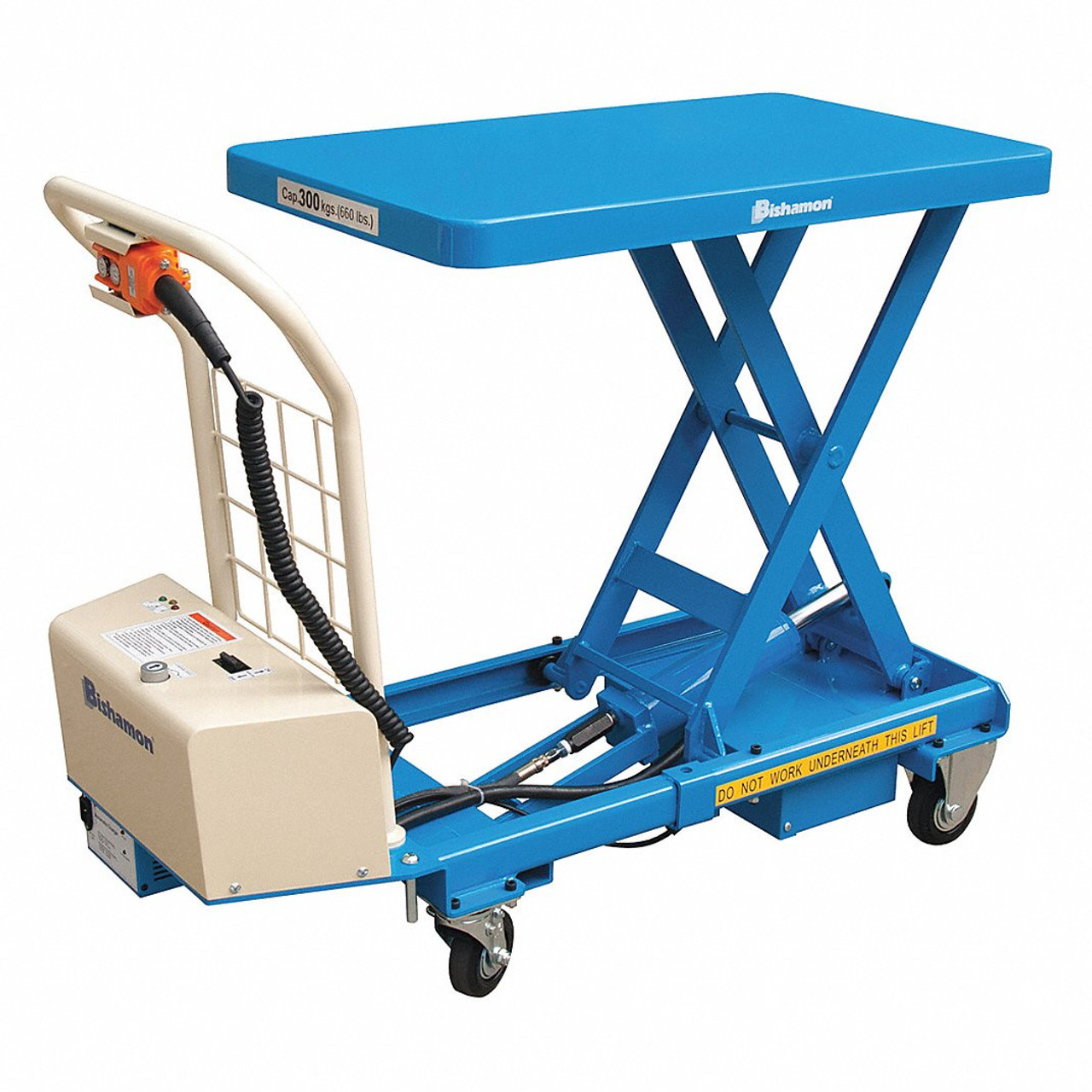 BISHAMON Powered-Lift/Manual-Push Mobile Scissor-Lift Table: 660 lb Load Capacity, Steel, Hydraulic