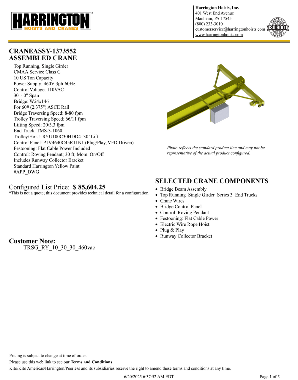 Harrington 10 Ton 30' Span/30' Lift Top Running Single Girder Overhead Crane Assembly