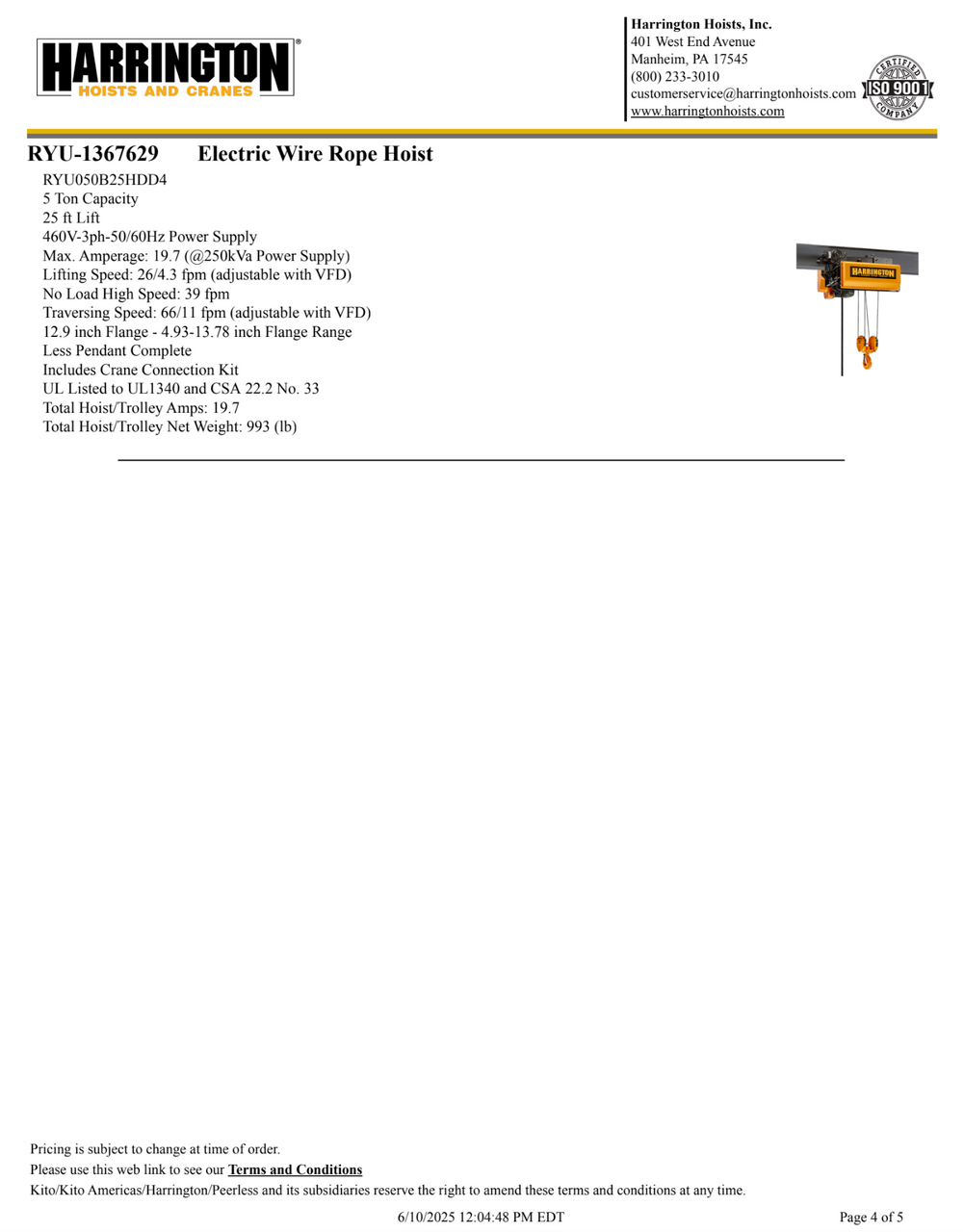 Harrington 5-Ton 50' Span/25' Lift Top Running Single Girder Crane Assembly