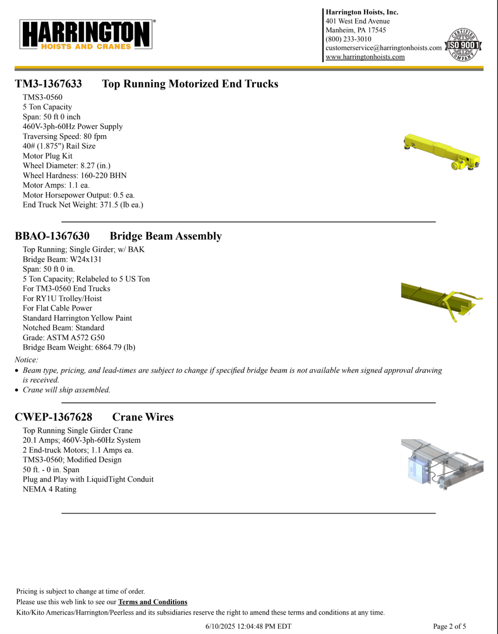 Harrington 5-Ton 50' Span/25' Lift Top Running Single Girder Crane Assembly