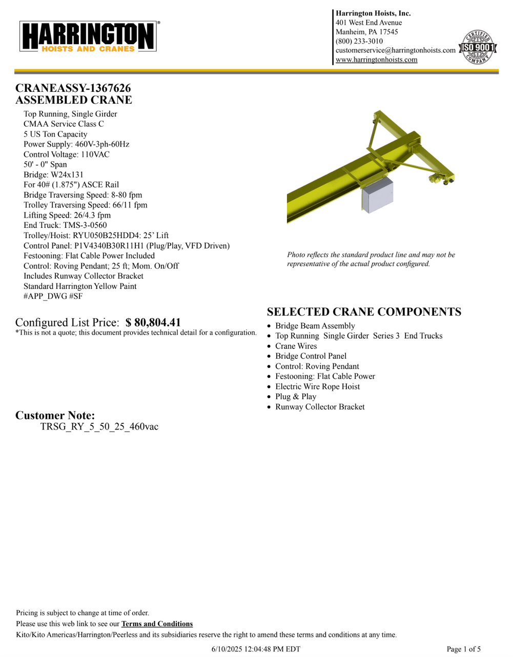 Harrington 5-Ton 50' Span/25' Lift Top Running Single Girder Crane Assembly