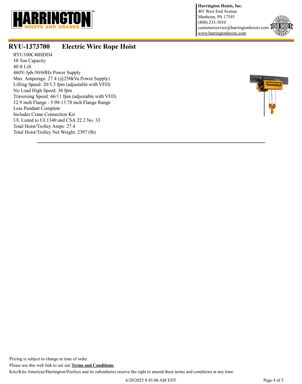 Harrington 10 Ton 35' Span/40' Lift Top Running Single Girder Overhead Crane Assembly