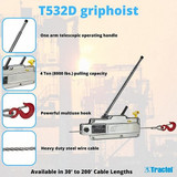 TRACTEL Manual Cable Hoist: Hook Mounted - No Trolley, 8,000 lb Lifting Capacity