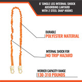 6  SINGLE LEG INTERNAL SHOCK ABSORBING LANYARD WITH 2 STEEL SNAP HOOKS