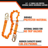 4.5' - 6  SINGLE LEG STRETCH INTERNAL SHOCK ABSORBING LANYARD W/ 2 STEEL SNAP HOOKS