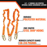 4.5' - 6  DOUBLE LEG STRETCH INTERNAL SHOCK ABSORBING LANYARD WITH 3 STEEL SNAP HOOKS