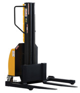 Vestil Steel Narrow Mast Stacker DC Powered - 98 In. Raised Height Adjustable Forks and Support Legs 1,500 lb - Yellow