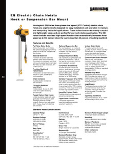 Harrington EQ003SD-20 Electric Chain Hoist, 1/4 Ton, EQ Series, 20 ft Lift