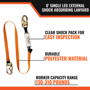 6  SINGLE LEG EXTERNAL SHOCK ABSORBING LANYARD W/ 2 STEEL SNAP HOOKS