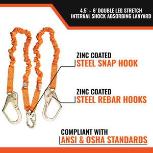 4.5' - 6  DOUBLE LEG STRETCH INTERNAL SHOCK ABSORBING LANYARD WITH 2 REBAR HOOKS AND 1 STEEL SNAP HOOK