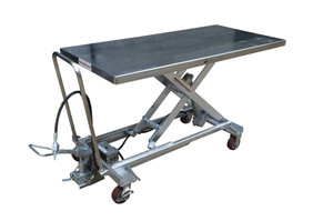 Vestil Partially Stainless Steel Air/Hydraulic Light Duty Scissor Lift Cart - 31-1/2 In. x 63 In. Platform With Poly-On-Poly Casters 1,000 lb - Silver