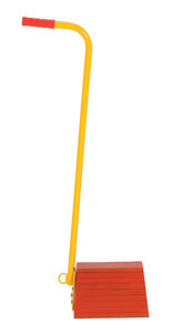 Vestil Molded Rubber Ergonomic Wheel Chock with Handle - 8 In. x 18 In. x 36-9/16 In. - Orange and Yellow