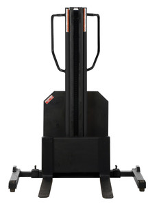 Vestil Steel Narrow Mast Stacker DC Powered - 98 In. Raised Height Adjustable Forks and Support Legs 1,500 lb - Yellow