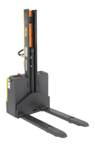 Vestil Steel Narrow Mast Stacker DC Powered - 62 In. Raised Height Fixed Fork 27 In. Fork Width 2,200 lb Black / - Yellow