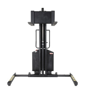Vestil Steel Narrow Mast Stacker DC Powered - 63 In. Raised Height Adjustable Forks and Support Legs 1,500 lb - Yellow