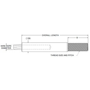Machining & Welding 1/2 in Wire Rope THR Stud, 2.5 in of 1 in NC LH Thread (SKU WR-10483-M-C-L-W)