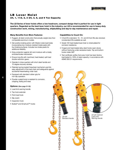 HARRINGTON LB Lever Hoist 10' Lift-Capacity 6 Ton LB060 Lever Hoist
