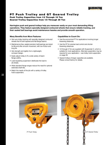 PT Push Trolley ' Lift-Capacity of PT push trolley 10 Ton Push PT100 HARRINGTON