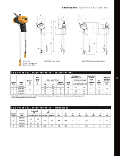 EQ Electric Chain Hoist 10' Lift-Capacity 1 Ton EQ010SD Electric Chain Hoist HARRINGTON