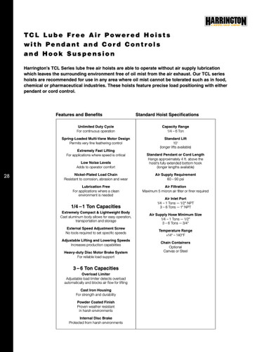 TCLM Lube Free Air Hoist with Air Trolley 10' Lift-Capacity 1/4 Tons TCLM250P Air Hoist with Air Trolley HARRINGTON