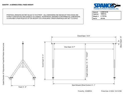 5F1515 SERIES, 5 TON 15' SPAN, 15' STEEL FIXED HEIGHT SPANCO 5F1515 SERIES, 5 TON 15' SPAN, 15' STEEL FIXED HEIGHT SPANCO