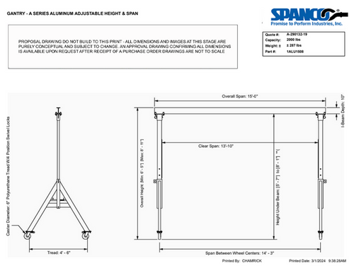 1ALU1508 GANTRY CRANE - 1 TON, 15' SPAN, A SERIES ALUMINUM ADJUSTABLE HEIGHT Min: 6' - 5'' Max: 8' - 11 SPANCO