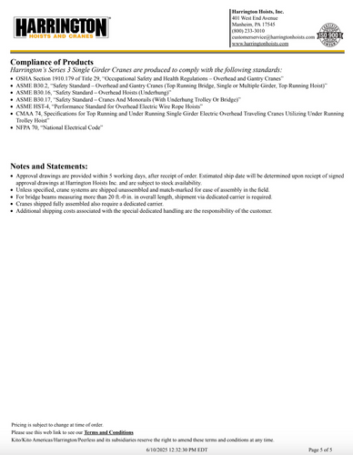 Harrington Top Running Single Girder 5 Ton 30' Span/33' Lift Crane Assembly Harrington Top Running Single Girder 5 Ton 30' Span/33' Lift Crane Assembly