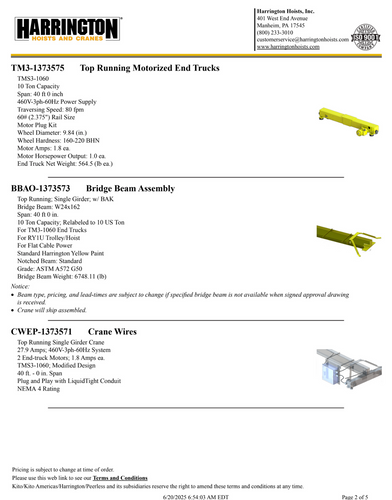 Harrington 10 Ton 40' Span/30' Lift Top Running Single Girder Overhead Crane Assembly Harrington 10 Ton 40' Span/30' Lift Top Running Single Girder Overhead Crane Assembly