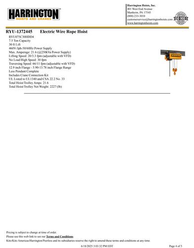 Harrington 7.5 Ton 35' Span/30' Lift Top Running Single Girder Overhead Crane Assembly