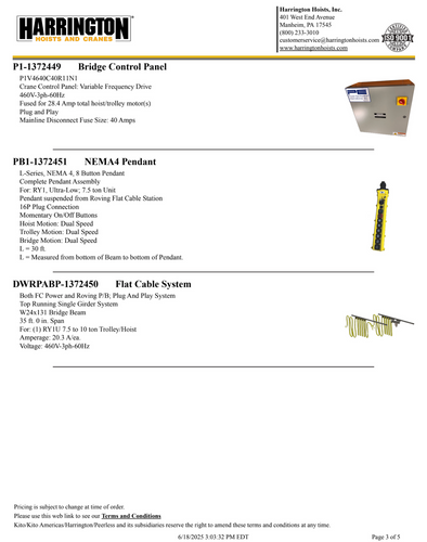 Harrington 7.5 Ton 35' Span/30' Lift Top Running Single Girder Overhead Crane Assembly