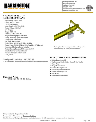 Harrington 7.5 Ton 45' Span/40' Lift Top Running Single Girder Overhead Crane Assembly