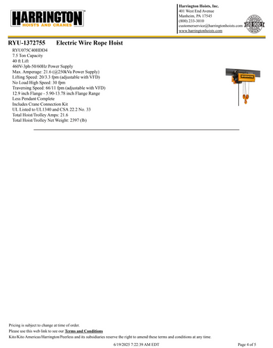 Harrington 7.5 Ton 35' Span/40' Lift Top Running Single Girder Overhead Crane Assembly
