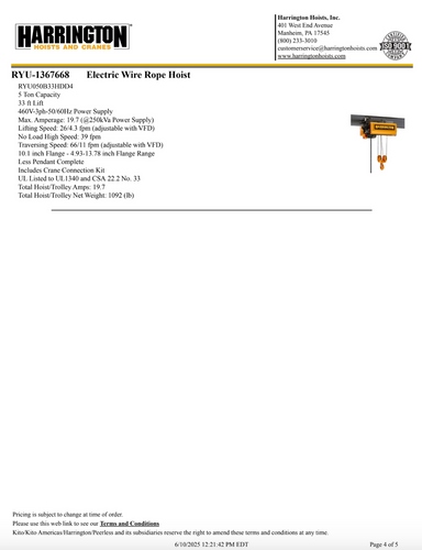 Harrington Top Running Single Girder 5 Ton 20'Span/33' Lift Crane Assembly Harrington Top Running Single Girder 5 Ton 20'Span/33' Lift Crane Assembly