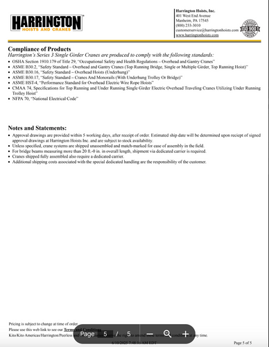 Harrington Top Running, Single Girder 5 Ton 20' Span/25' Lift Crane Assembly Harrington Top Running, Single Girder 5 Ton 20' Span/25' Lift Crane Assembly