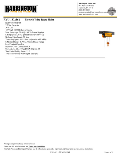 Harrington 7.5 Ton 20' Span/30' Lift Top Running Single Girder Crane Assembly