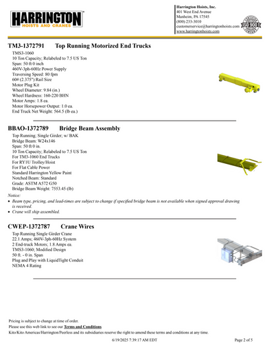 Harrington 7.5 Ton 50' Span/40' Lift Top Running Single Girder Overhead Crane Assembly