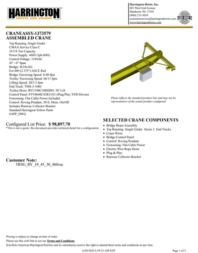 Harrington 10 Ton 45' Span/30' Lift Top Running Single Girder Overhead Crane Assembly