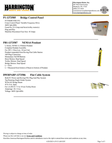 Harrington 10 Ton 45' Span/30' Lift Top Running Single Girder Overhead Crane Assembly