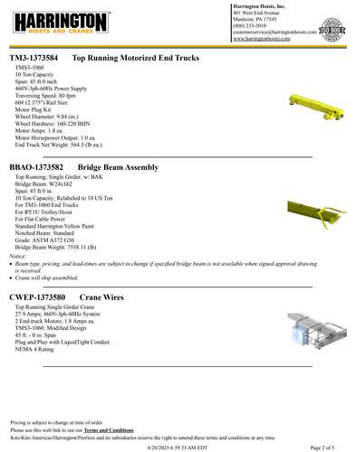 Harrington 10 Ton 45' Span/30' Lift Top Running Single Girder Overhead Crane Assembly