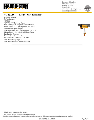 Harrington 7.5 Ton 60' Span/40' Lift Top Running Single Girder Overhead Crane Assembly