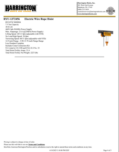 Harrington 7.5 Ton 40' Span/30' Lift Top Running Single Girder Overhead Crane Assembly