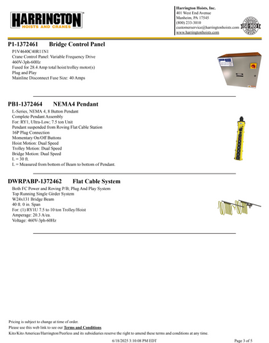 Harrington 7.5 Ton 40' Span/30' Lift Top Running Single Girder Overhead Crane Assembly