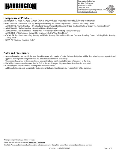 Harrington 5-Ton 60' Span/25' Lift Top Running Single Girder Crane Assembly Harrington 5-Ton 60' Span/25' Lift Top Running Single Girder Crane Assembly