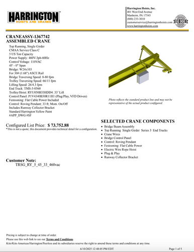 Harrington 5-Ton 45' Span/33' Lift Top Running Single Girder Crane Assembly Harrington 5-Ton 45' Span/33' Lift Top Running Single Girder Crane Assembly